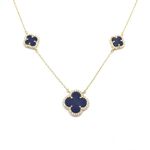New RACHEL ZOE 18K Gold Silver Blue Stone Three Clover Cubic Zirconia Necklace - Picture 2 of 10